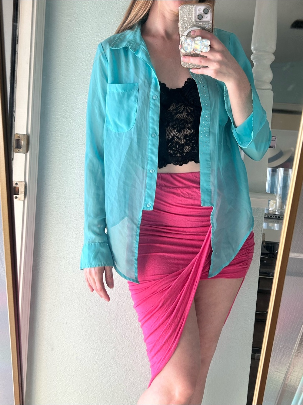 BONGO Turquoise Rhinestone a button up Blouse